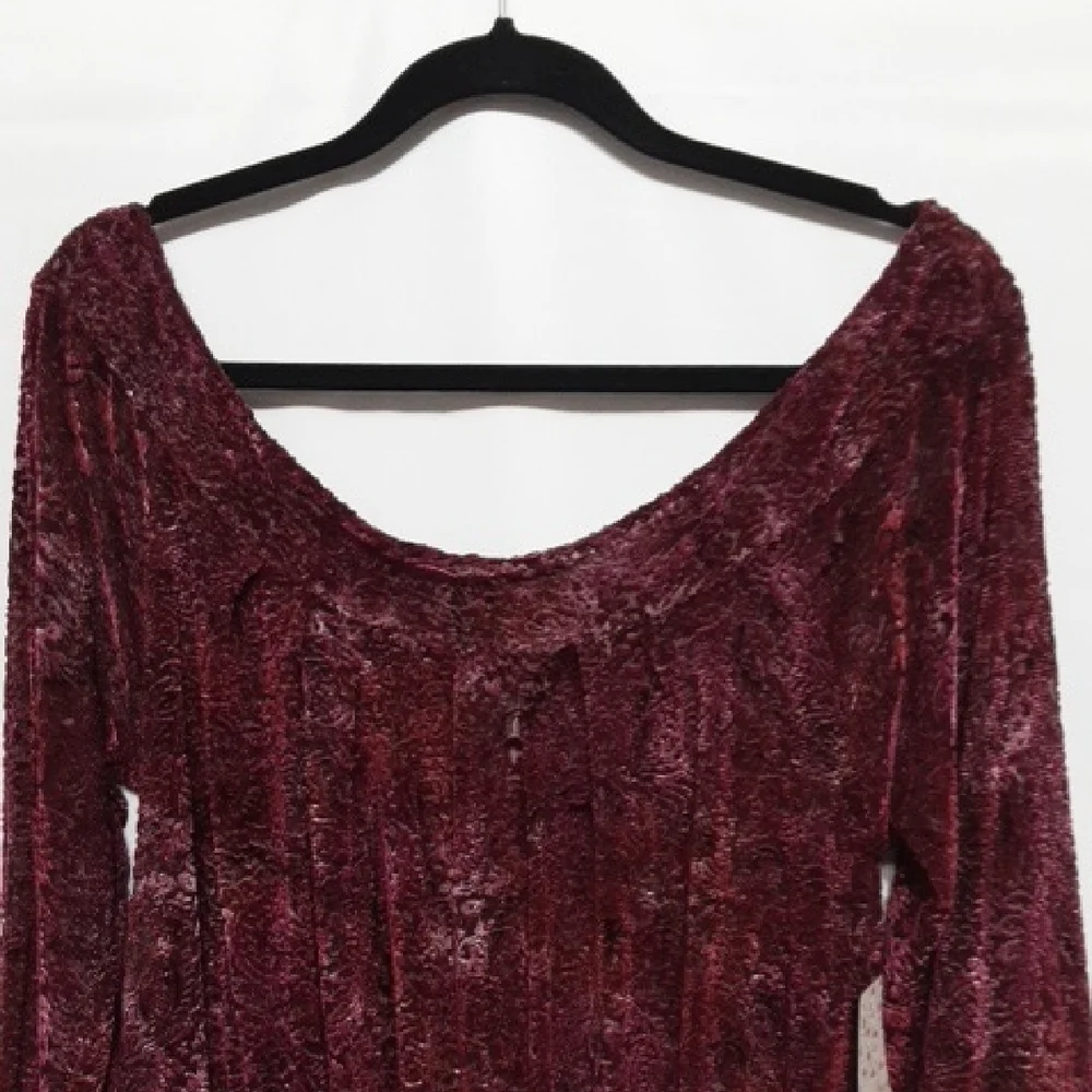 FREE‎ PEOPLE Burgundy Velvet Lace Layering Long Sleeve Burnout Top NWT